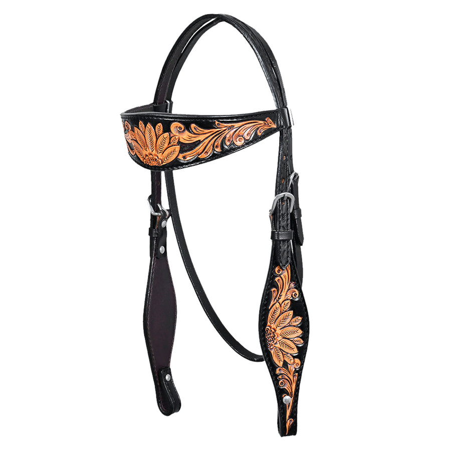 HILASON W. H. Headstall Genuine American Leather Floral Black – by Hilason – Cowboy and equestrian accessories