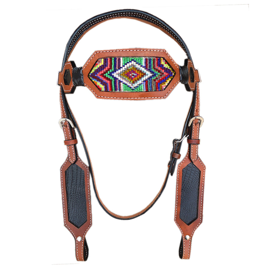 Beaded leather horse headstall with geometric pattern - Uhorse