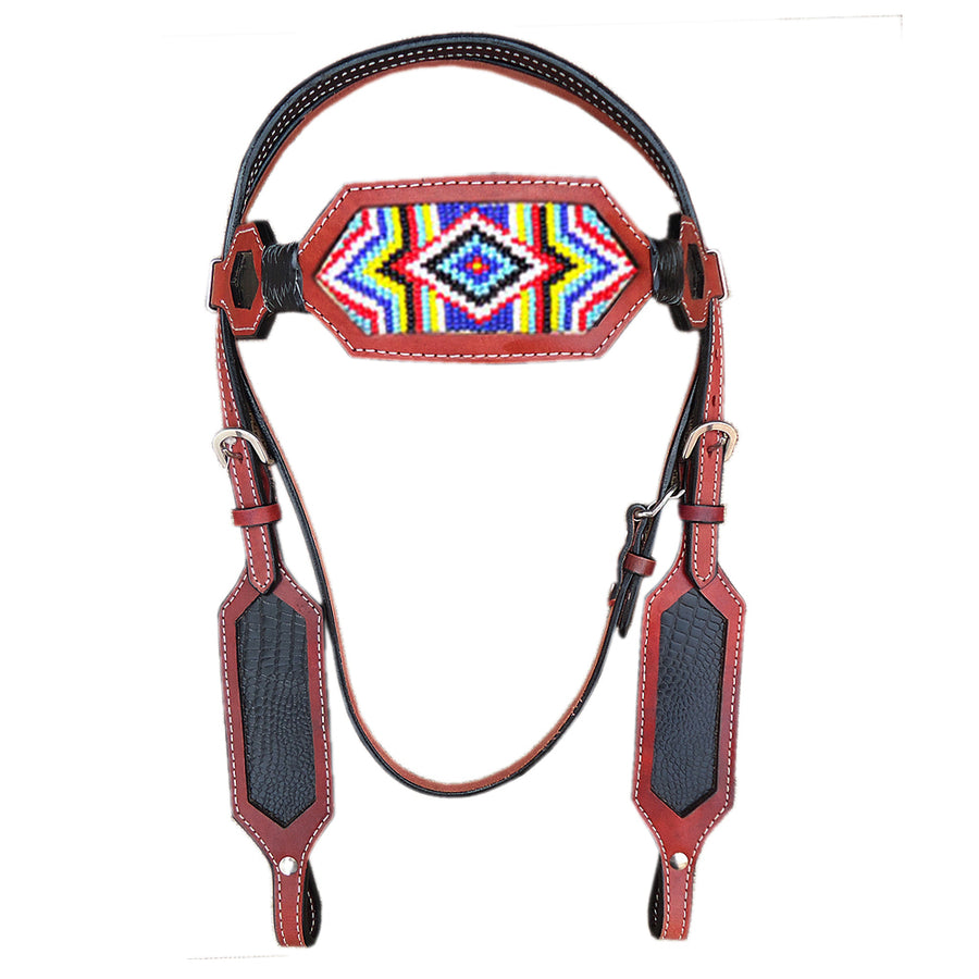 Red leather headstall with beaded geometric pattern - Uhorse