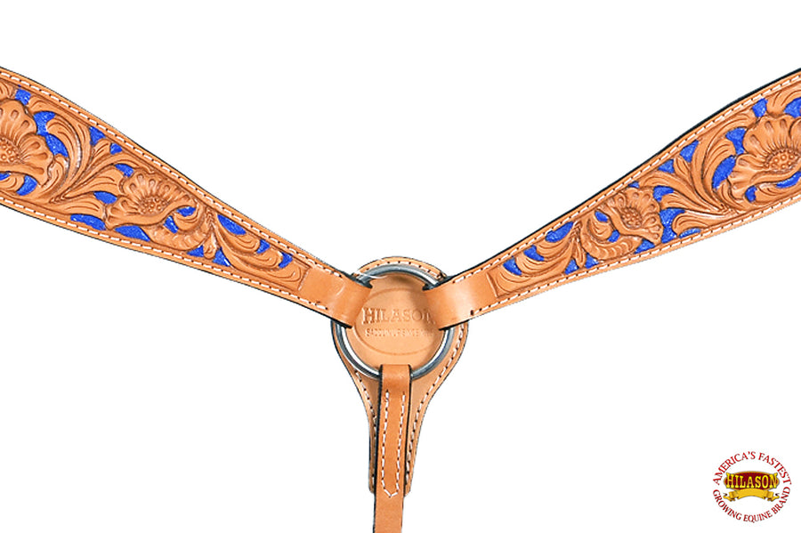 HILASON Western Genuine Leather Horse Headstall Breast Collar Tack Tan w/ Blue Inlay