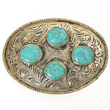 American Darling  Belt Buckle Engraved Brass Turquoise Rhinestone Scrollwork