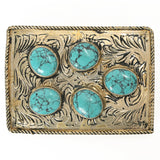 American Darling  Belt Buckle Engraved Brass Turquoise Rhinestone Scrollwork