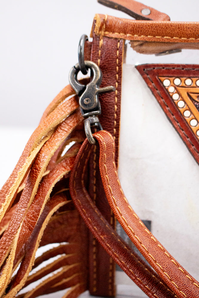 American Darling Clear Bag Western Hand-Tooled Genuine Leather Crossbody with Fringes and Floral Carved Panel