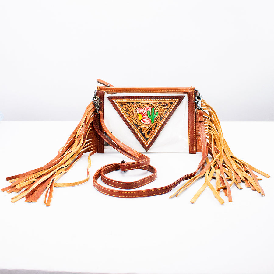 American Darling Western Clear Bag with Hand-Tooled Floral Panel and Fringes - Uhorse