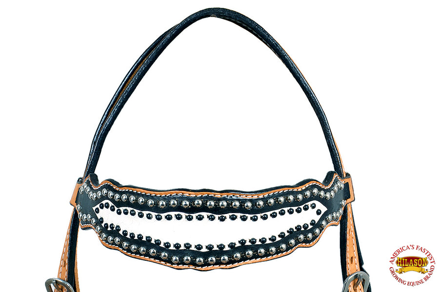 HILASON Western Horse Headstall Tack Genuine American Leather Tan W/ Black & White