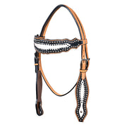 HILASON Western Horse Headstall Tack Genuine American Leather Tan W/ Black & White