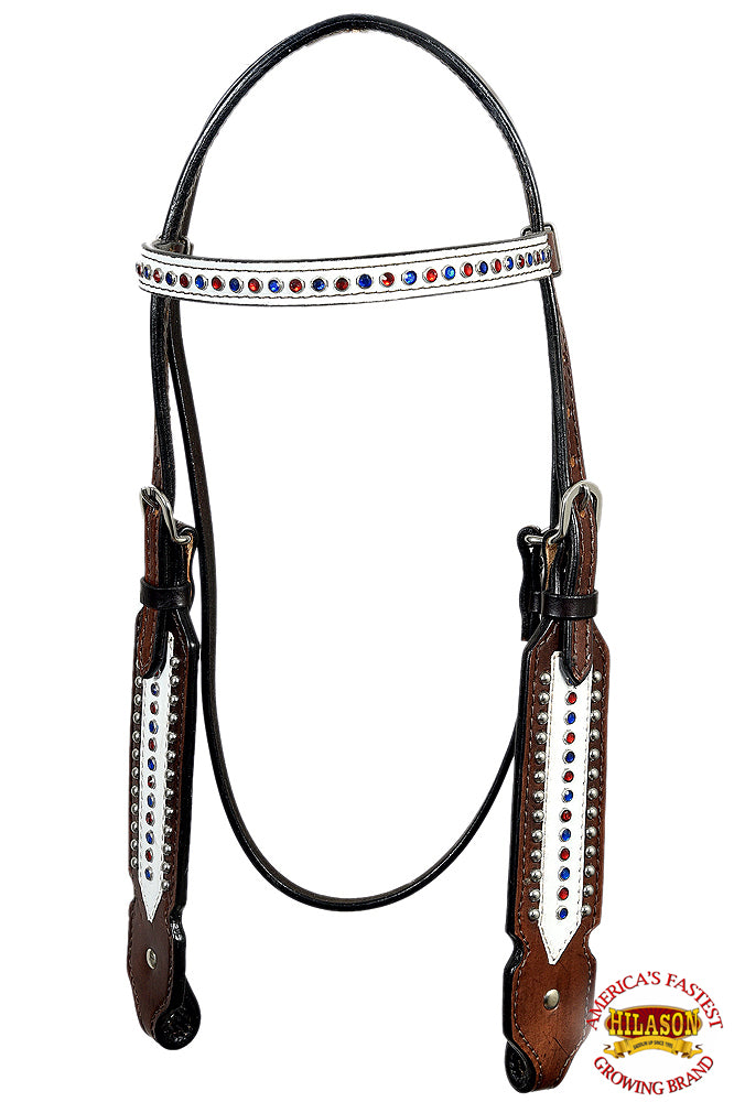 HILASON Western Horse Headstall Tack Genuine American Leather Dark Brown W/ Red & Blue Studded Rhinestones