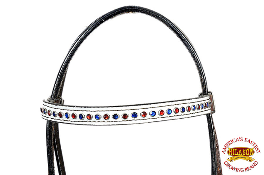 HILASON Western Horse Headstall Tack Genuine American Leather Dark Brown W/ Red & Blue Studded Rhinestones