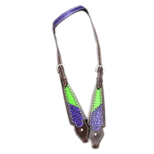 Purple and neon green leather horse breast collar with studs - Uhorse