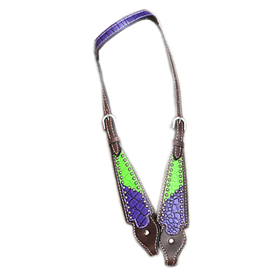 Purple and neon green leather horse breast collar with studs - Uhorse