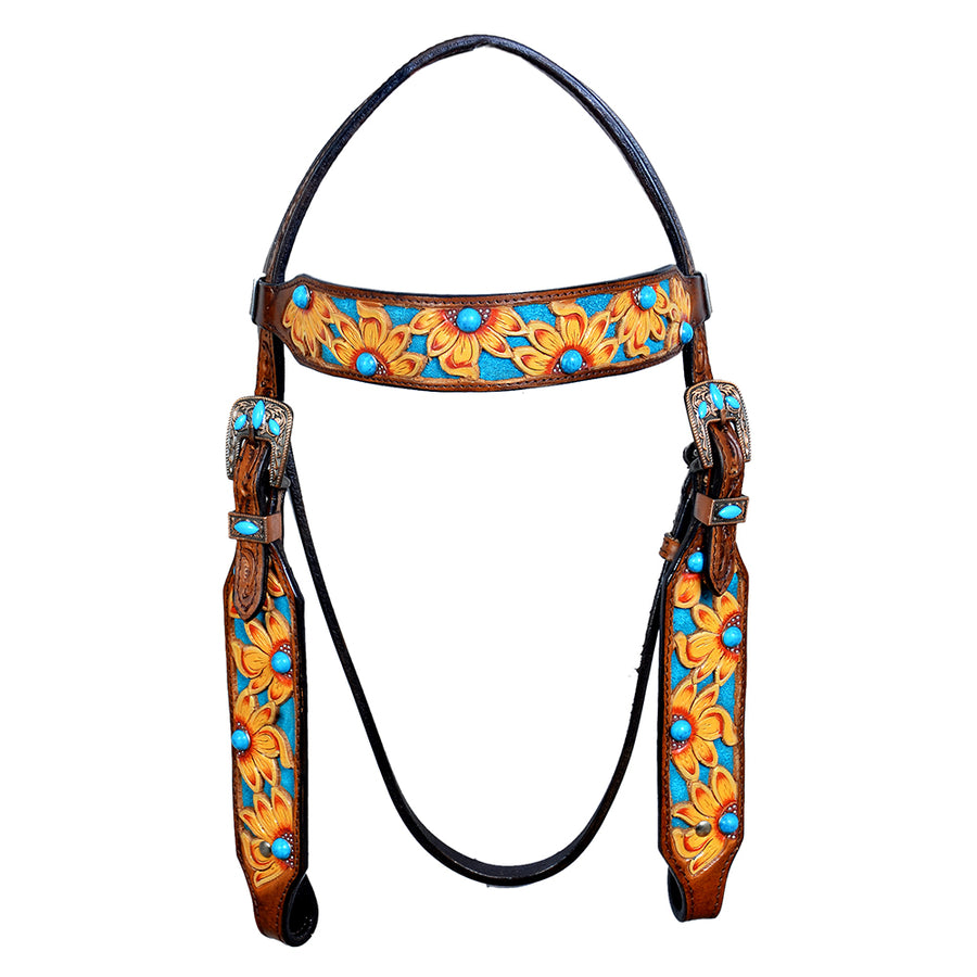 HILASON Western Horse Genuine Leather Headstall Tack Brown Sunflower - Uhorse