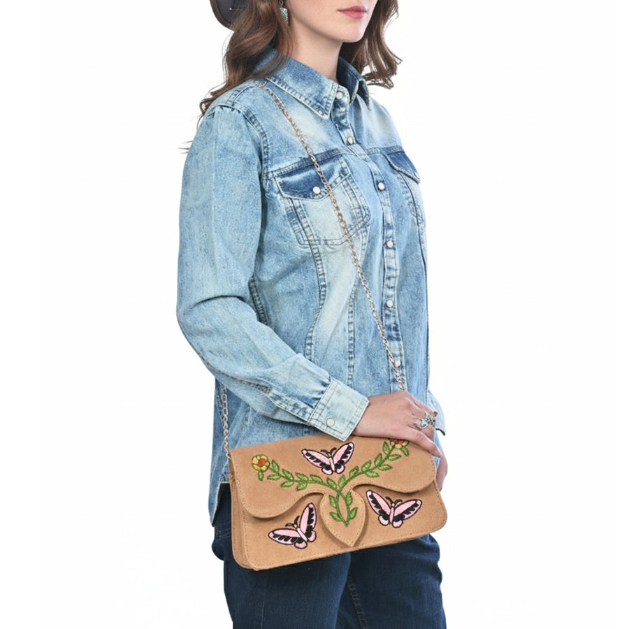 American Darling Cross body Bag for Women, Embroidered Genuine Suede Leather with Longhorn Design, Western Purse with Chain Strap