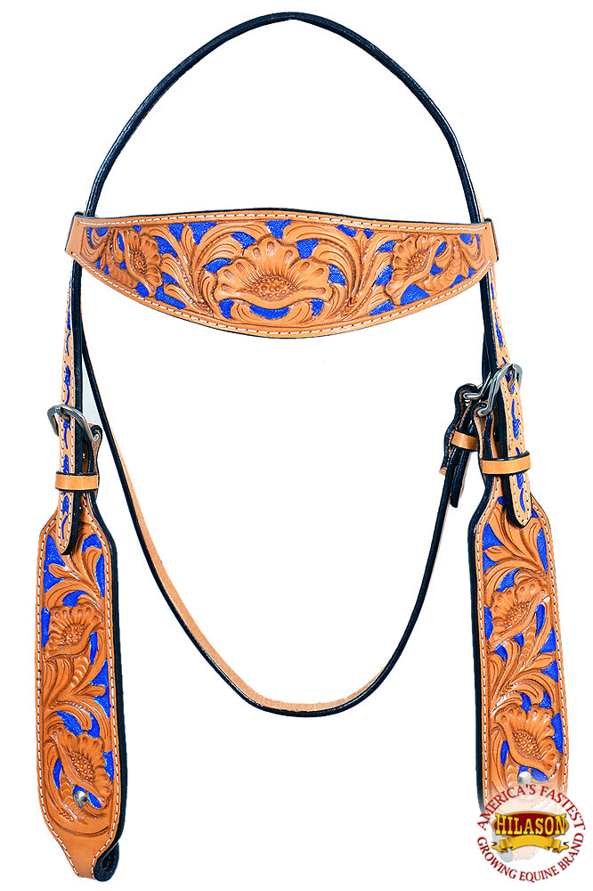 HILASON Western Genuine Leather Horse Headstall Breast Collar Tack Tan w/ Blue Inlay