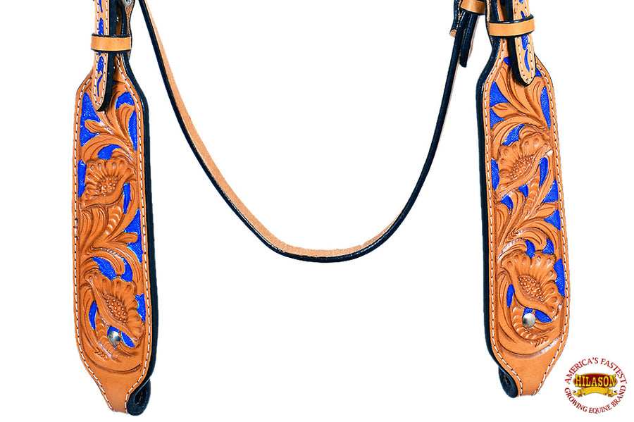 HILASON Western Genuine Leather Horse Headstall Breast Collar Tack Tan w/ Blue Inlay