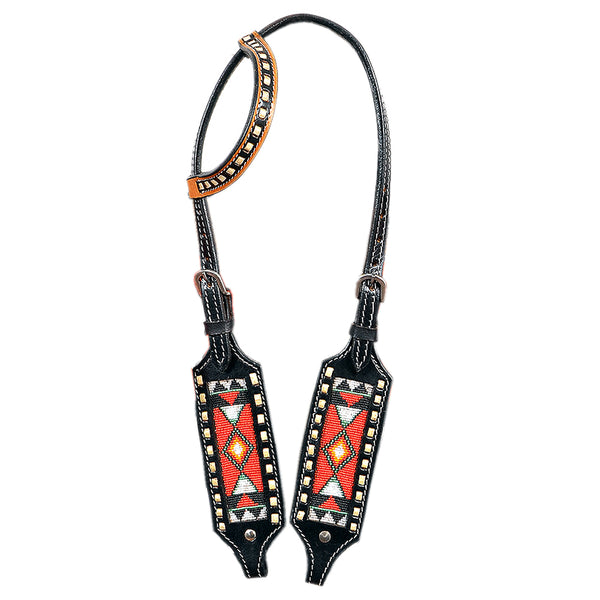 HILASON Western Genuine Leather Horse One Ear Headstall Tack Black Beaded - Uhorse