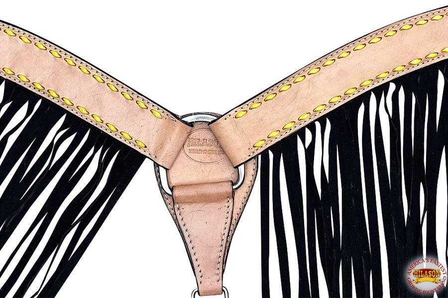 HILASON Western Horse Headstall Breast Collar Genuine Leather Tan With Black Fringes