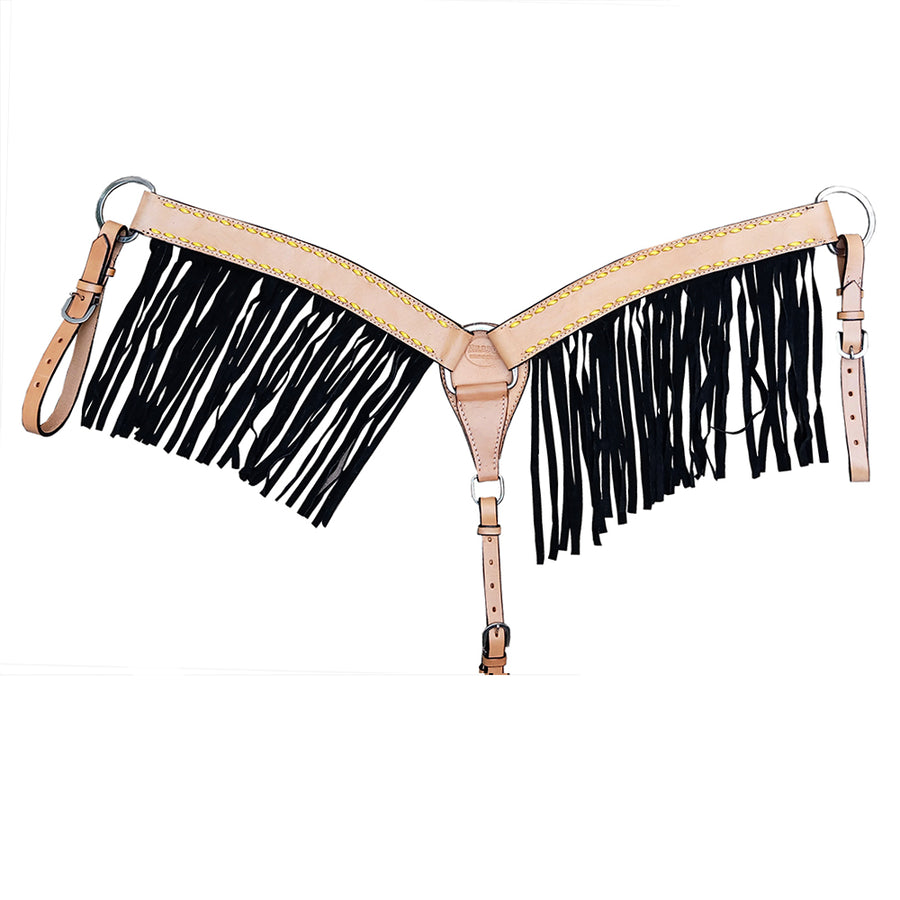 HILASON W. H. Breast Collar Genuine Leather Tan With Black Fringes – by Hilason – Cowboy and equestrian accessories