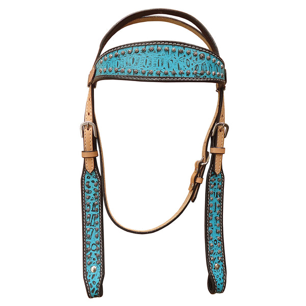 HILASON Western Genuine Leather Horse Headstall Tack Tan with Turquoise - Uhorse