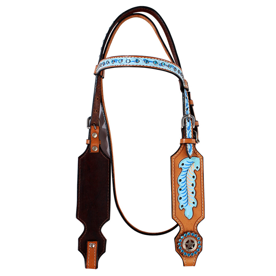 Hilason Western Horse Hand Tooled Genuine Leather Headstall Tan/Turquoise - Uhorse
