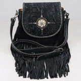 American Darling Western Embossed Leather Fringe Crossbody Bag with Studded Strap & Concho Detail
