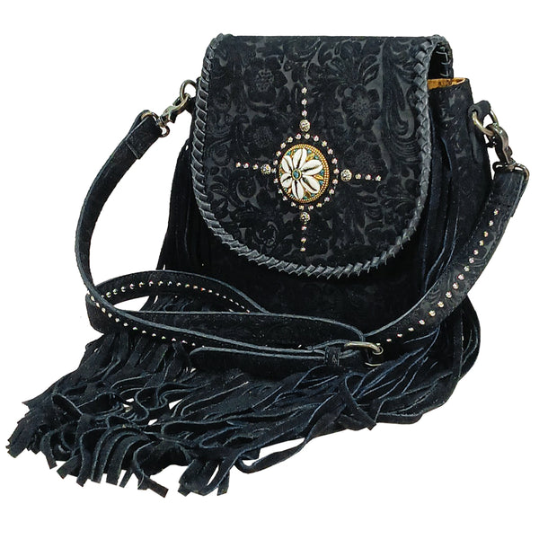 American Darling Western Embossed Leather Fringe Crossbody Bag with Studded Strap and Concho Detail - Uhorse
