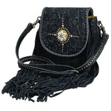 American Darling Western Embossed Leather Fringe Crossbody Bag with Studded Strap and Concho Detail - Uhorse
