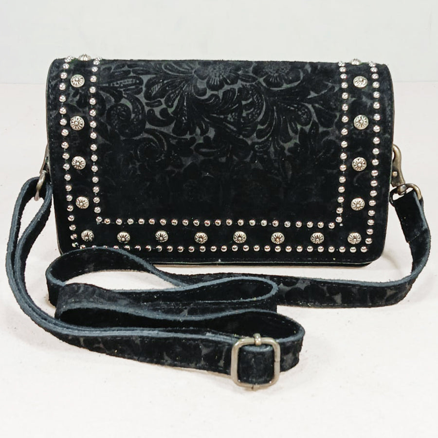 American Darling Western Embossed Leather Studded Crossbody Bag – Floral Tooled Purse with Adjustable Strap
