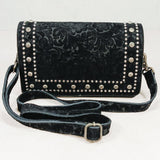 American Darling Western Embossed Leather Studded Crossbody Bag – Floral Tooled Purse with Adjustable Strap