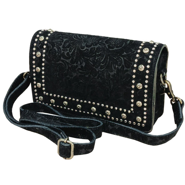 American Darling Western Embossed Leather Studded Crossbody Bag - Floral Tooled Purse with Adjustable Strap - Uhorse