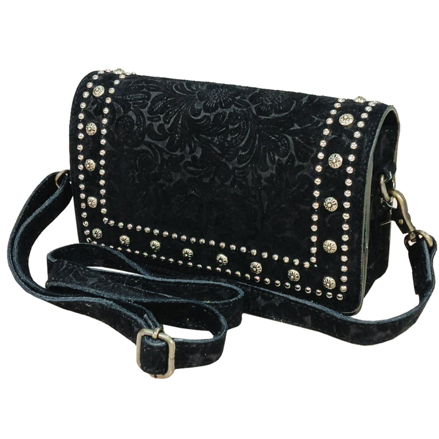 American Darling Western Embossed Leather Studded Crossbody Bag - Floral Tooled Purse with Adjustable Strap - Uhorse