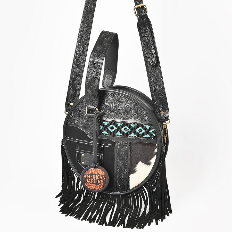 AMERICAN DARLING Tooled Leather Canteen Bag Fringe Turquoise Beading - Uhorse