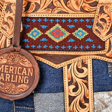 AMERICAN DARLING Tooled Leather Denim Canteen Bag Cowhide Fringe