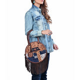 AMERICAN DARLING Tooled Leather Denim Canteen Bag Cowhide Fringe