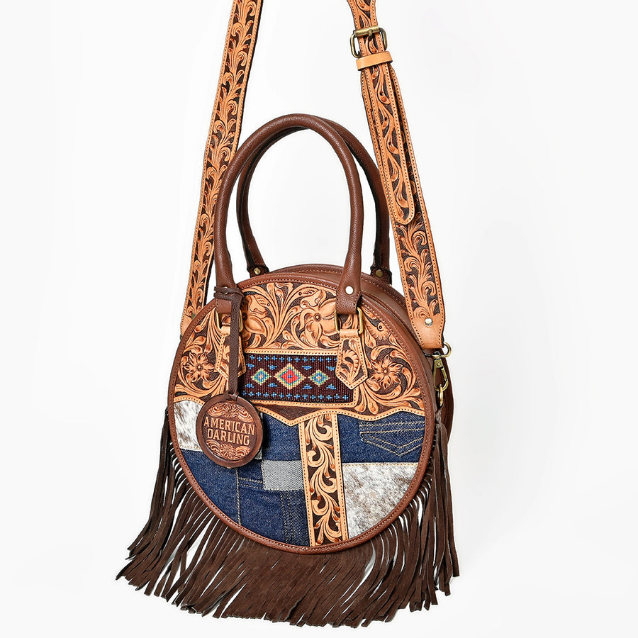 AMERICAN DARLING Tooled Leather Denim Canteen Bag Cowhide Fringe - Uhorse