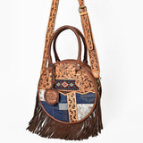 AMERICAN DARLING Tooled Leather Denim Canteen Bag Cowhide Fringe - Uhorse