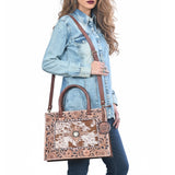 AMERICAN DARLING Tooled Leather & Cowhide Satchel Bag Hand-Carved Floral Border