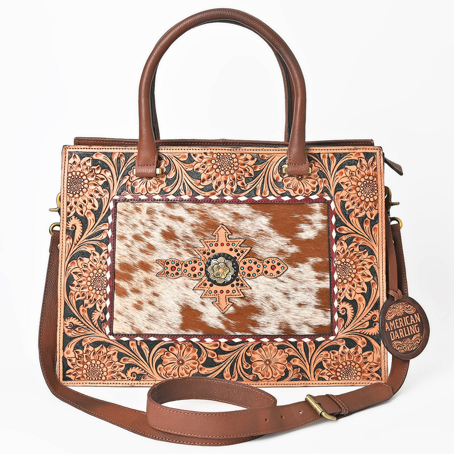 American Darling Tote Bag for Women, Hand Tooled Floral Leather & Hair-On Cowhide, Western Purse with Concho & YKK Zipper