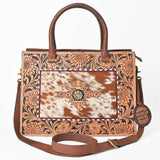 AMERICAN DARLING Tooled Leather & Cowhide Satchel Bag Hand-Carved Floral Border