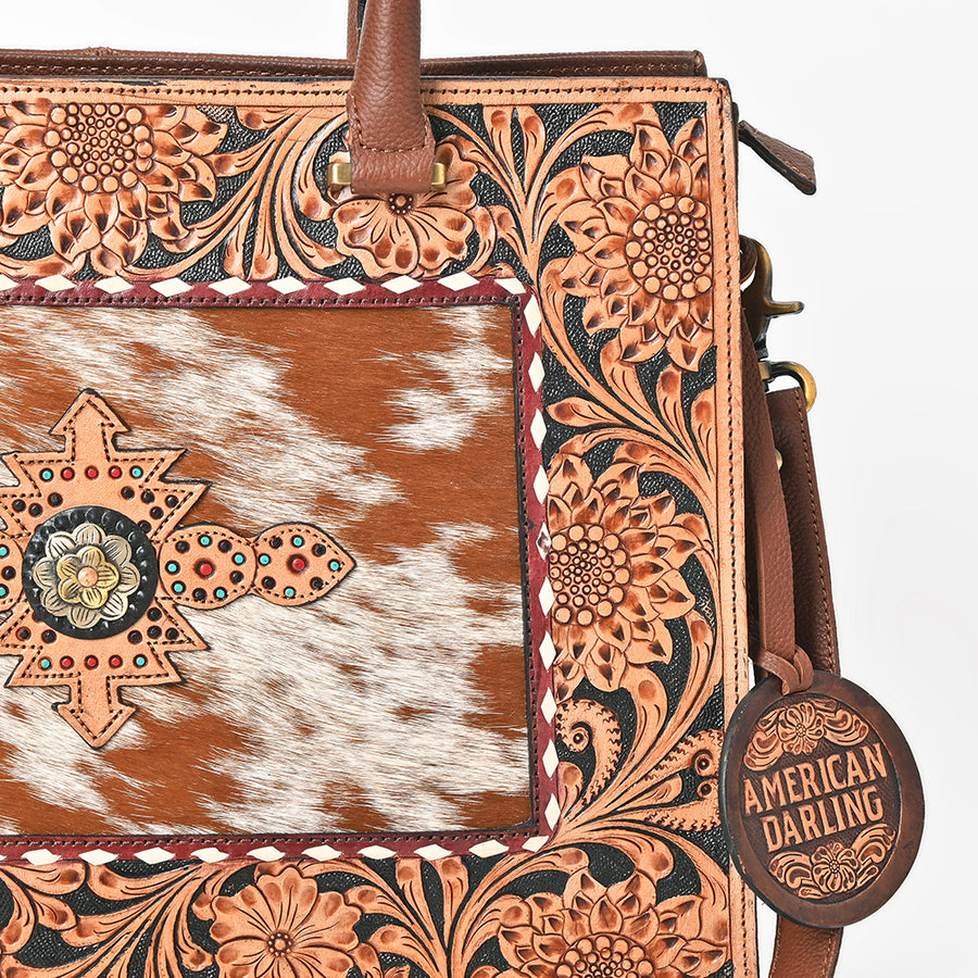 American Darling Tote Bag for Women, Hand Tooled Floral Leather & Hair-On Cowhide, Western Purse with Concho & YKK Zipper
