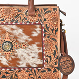 AMERICAN DARLING Tooled Leather & Cowhide Satchel Bag Hand-Carved Floral Border