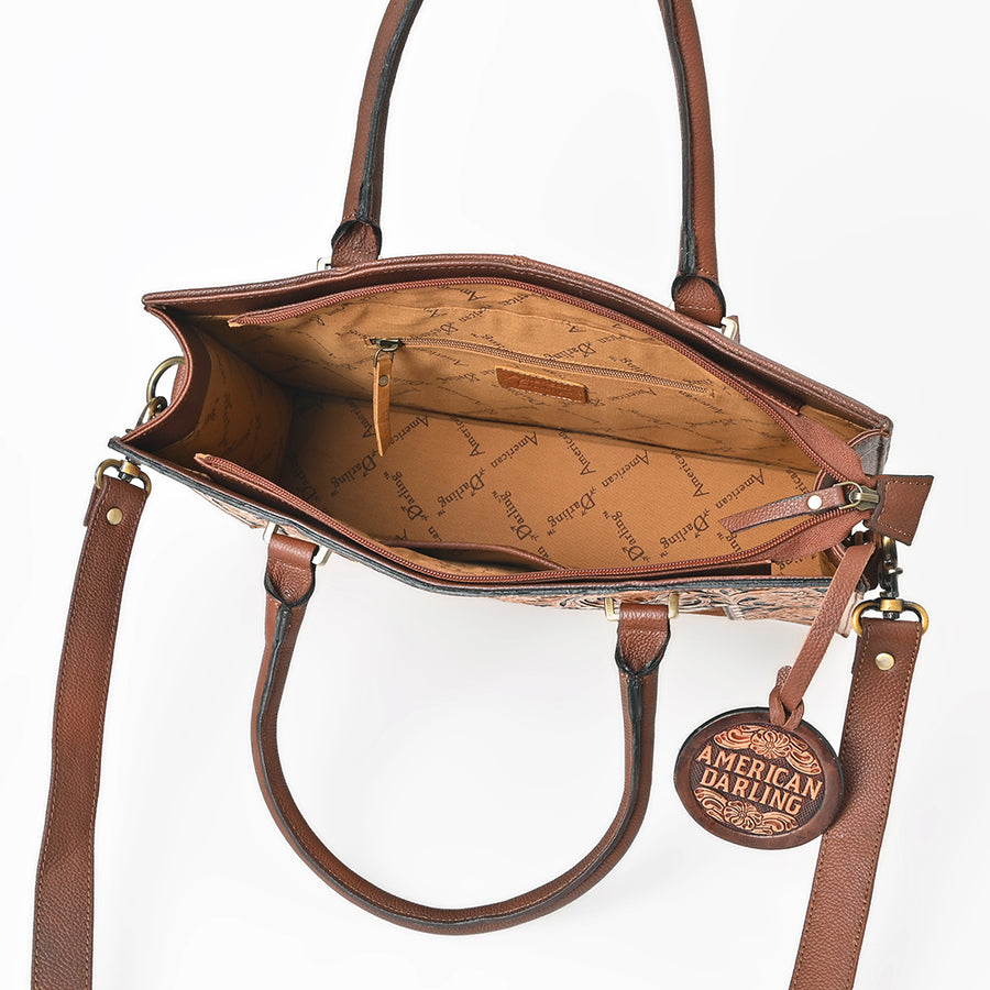 American Darling Tote Bag for Women, Hand Tooled Floral Leather & Hair-On Cowhide, Western Purse with Concho & YKK Zipper