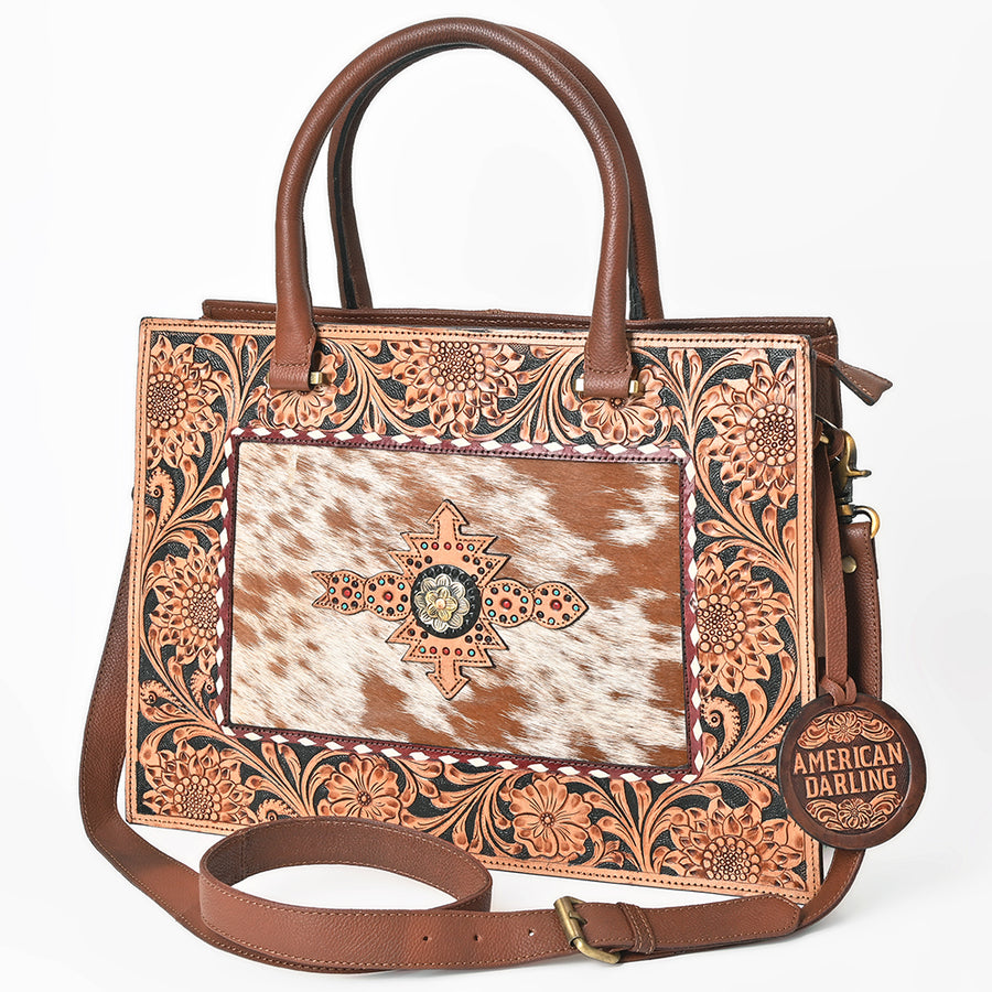 American Darling Western Hand Tooled Floral Tote Bag with Hair-On Cowhide and Concho - Uhorse