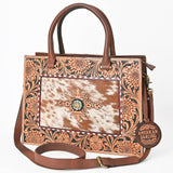 AMERICAN DARLING Tooled Leather & Cowhide Satchel Bag Hand-Carved Floral Border