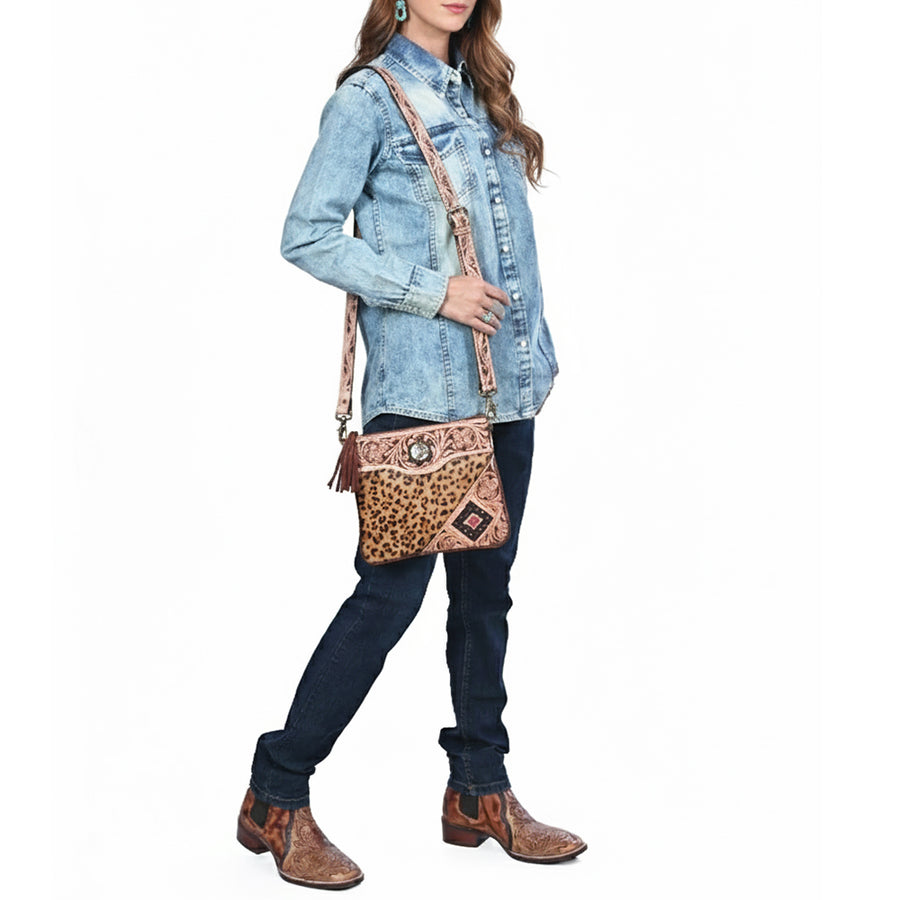 American Darling Cross body Bag for Women, Hand Tooled Floral Leather & Cowhide, Western Purse with Tassels & Concho
