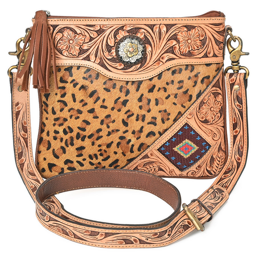 American Darling Cross body Bag for Women, Hand Tooled Floral Leather & Cowhide, Western Purse with Tassels & Concho