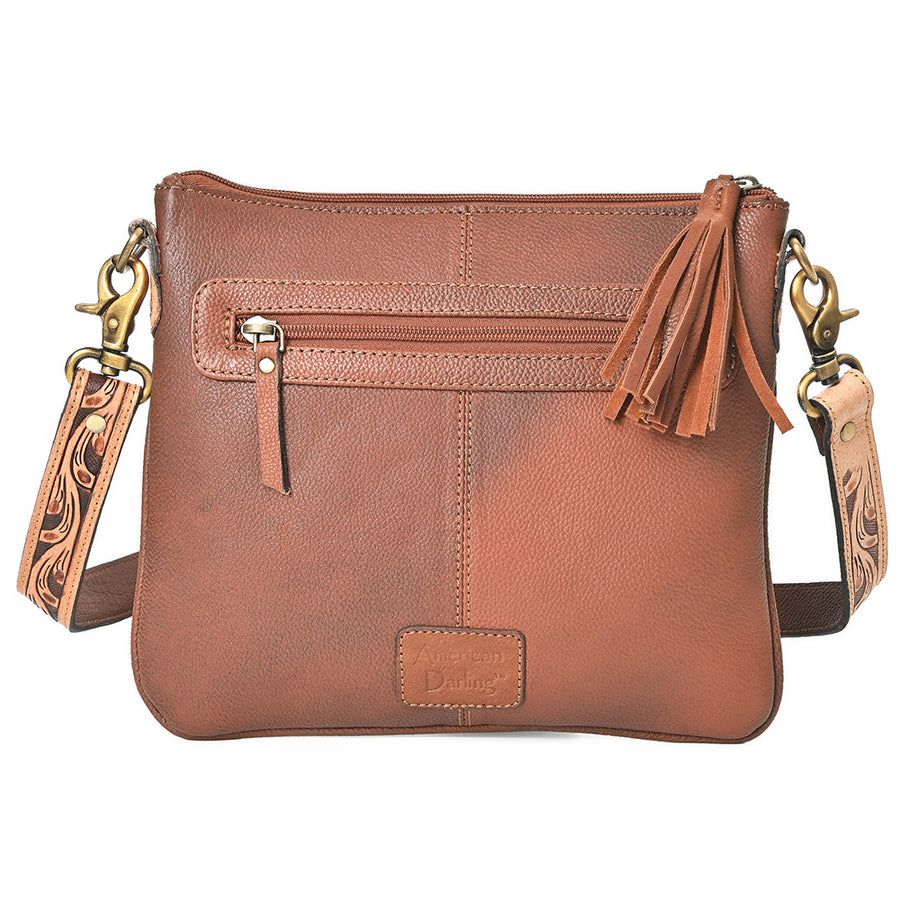 American Darling Cross body Bag for Women, Hand Tooled Floral Leather & Cowhide, Western Purse with Tassels & Concho
