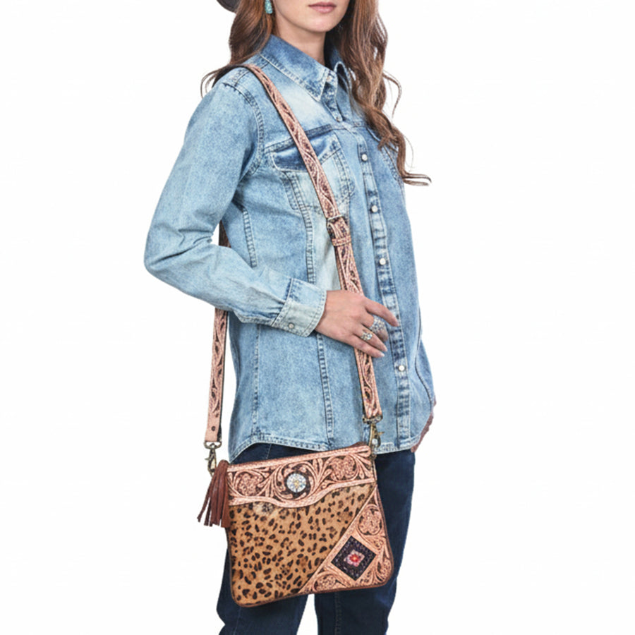 American Darling Cross body Bag for Women, Hand Tooled Floral Leather & Cowhide, Western Purse with Tassels & Concho