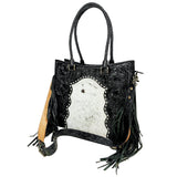 American Darling Western Tooled Leather Hair-On Tote Bag with Fringe - Hilason