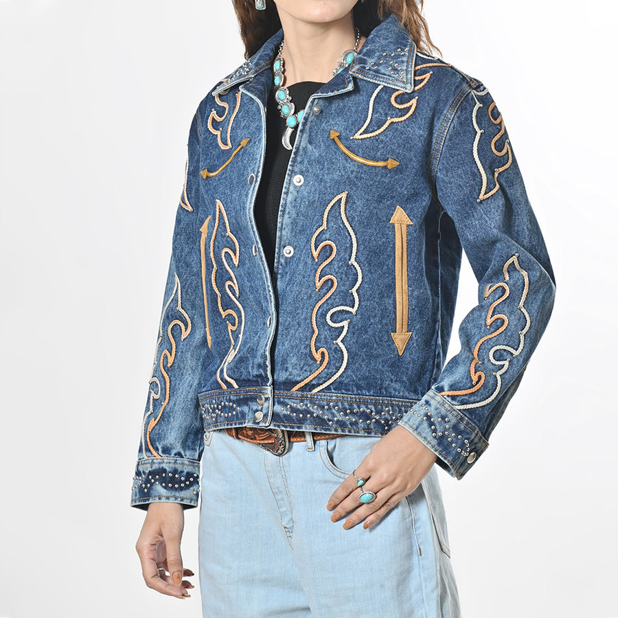 American Darling Western Apparel Embroidered Denim Fabric Handcrafted Heritage Jacket for Women with Western Motifs