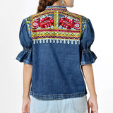 American Darling Women's Embroidered Denim Jacket Boho Tribal Floral Jean Blazer with Puff Ruffle Sleeves Cowgirl Top
